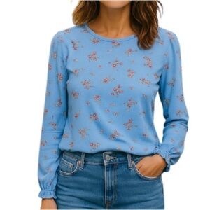 H&M Floral Patterned Viscose Button Back Blouse Corleone Blue Round Neck Size  2